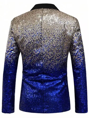 Imagen 2 del producto Chaqueta de esmoquin con lentejuelas brillantes para hombre: degradado en azul real y dorado, solapa negra, ropa formal para fiesta/boda/escenario ‌   Abrigo.