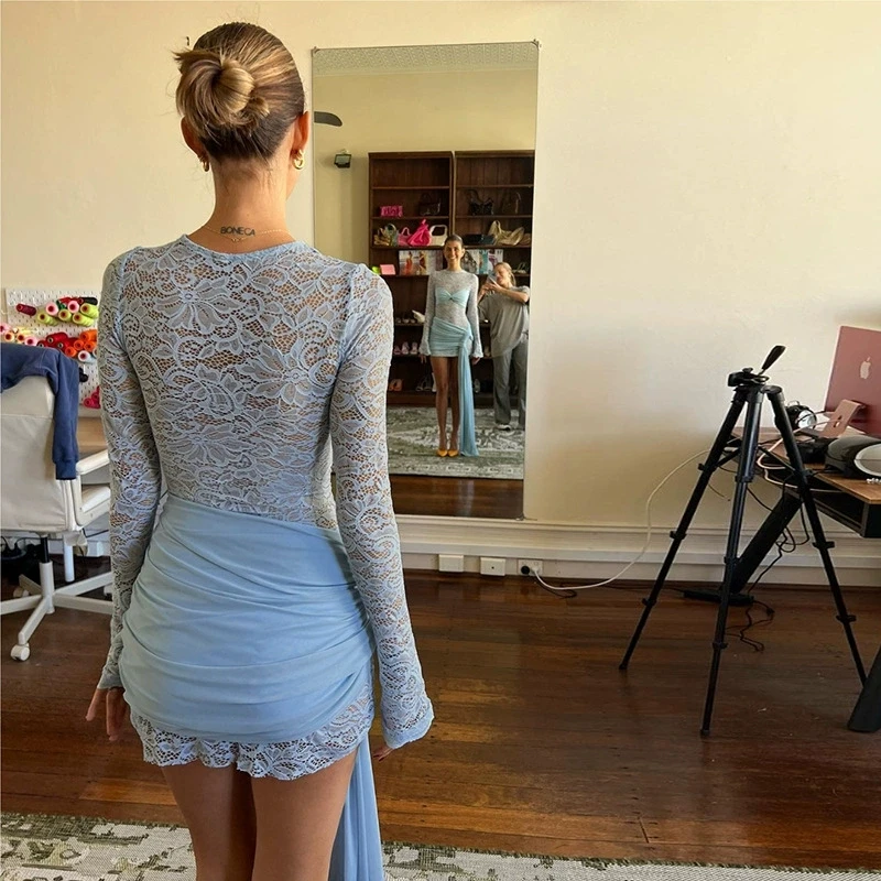 Sukienka damska zimowa luksusowa koronkowa satynowa jedwabna patchworkowa seksowna bandażowa podkreślająca biodra sukienka damska niebieska czarna na festiwal, kolację, bankiety