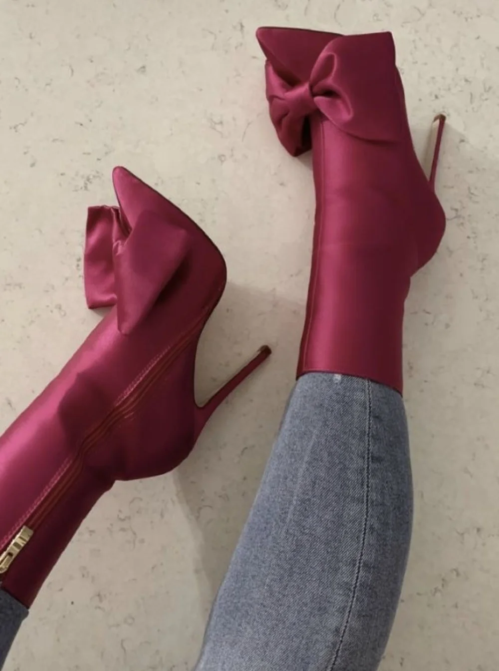 

Burgundy Satin Pointed Toe Stiletto Mid-Calf Boots Elegant Bow Accent Edgy Design Lady Boots for Glamorous Evening Looks