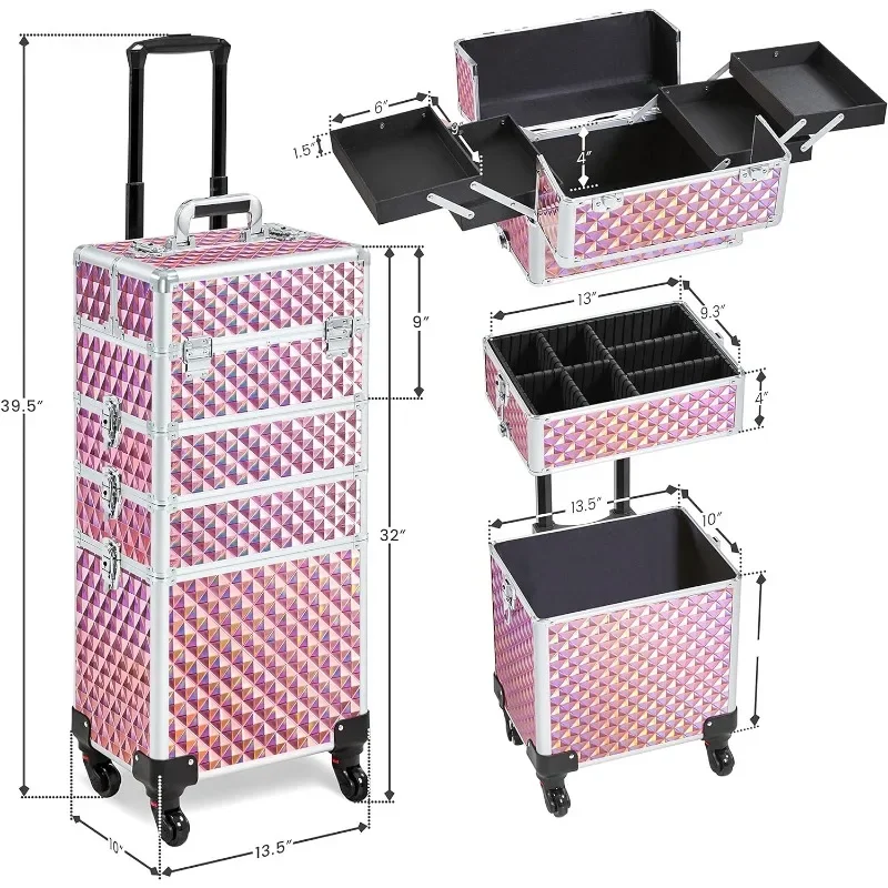 4 in 1 Professional Makeup Train Case Rolling Cosmetic Trolley Makeup Travel Case with 4 Detachable Removable Wheels