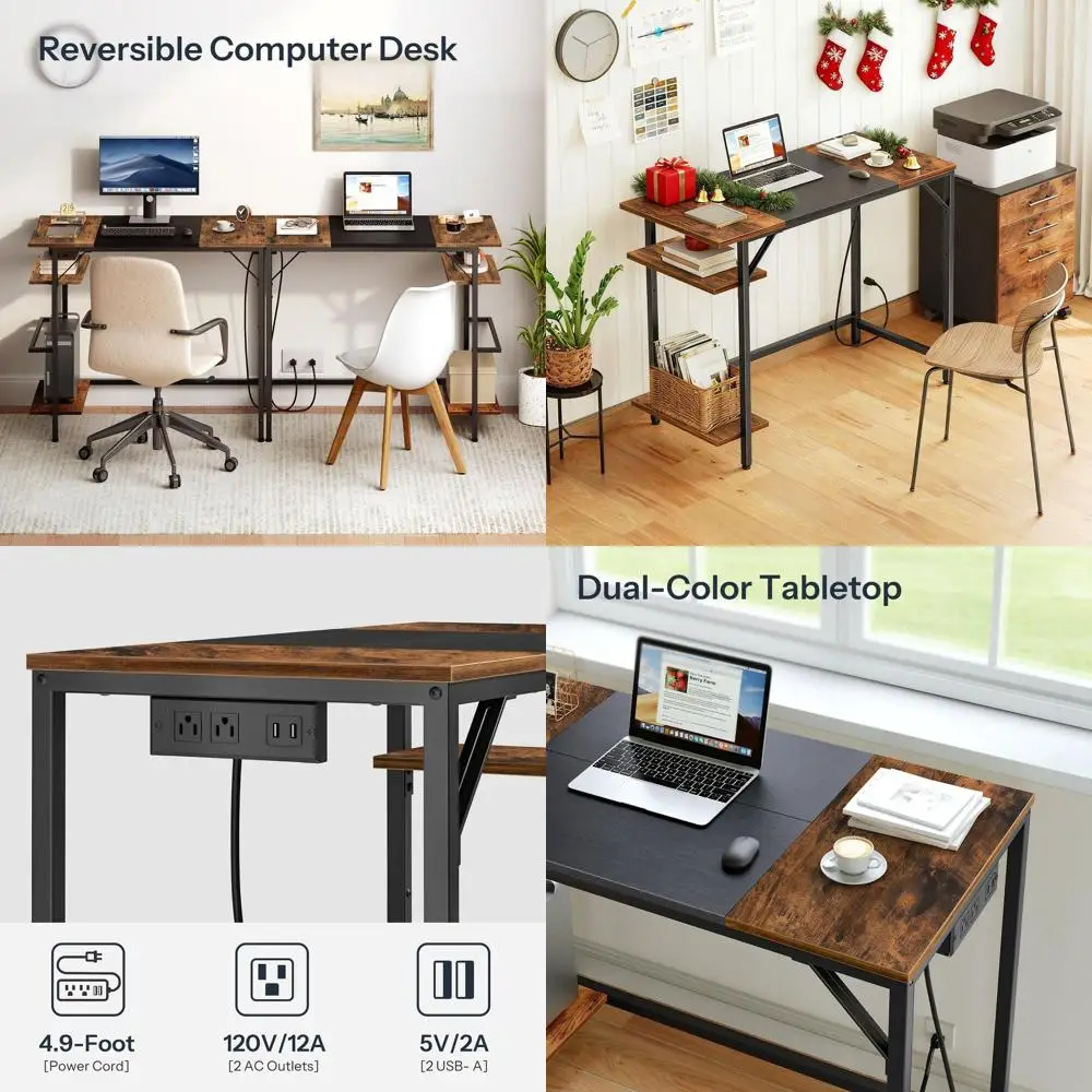 

Rustic Brown and Black Study Desk with Power Outlet, 2 Shelves, Easy Assembly