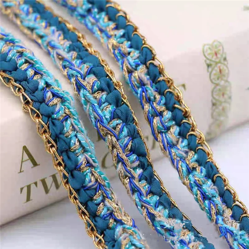 Fashion Peacock Blue Handmade Hook Lace Ribbon Diy Tweed Small Fragrant Coat Decorative Clothing Accessories De Costura One Yard