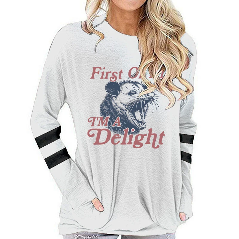 First of All I'm A Delight Possum Graphic T Shirts Women Funny Animal Vintage Retro Tshirt Angry Opossum Long-sleeved T-shirt