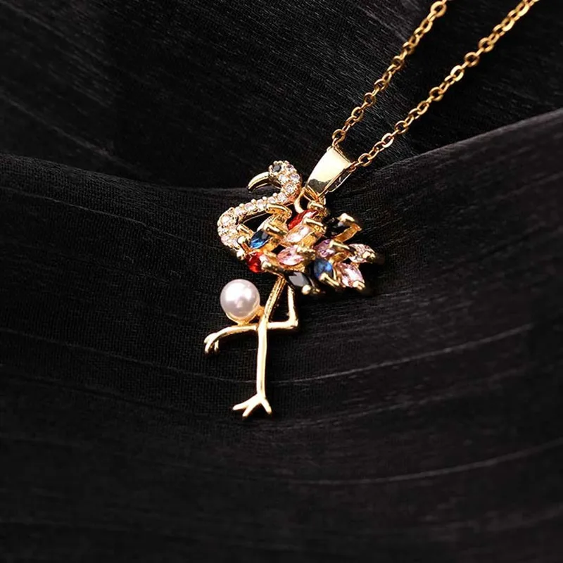 Ketting Vrouwen 18K Vergulde Kleurrijke Zirkoon Kristallen Dier Flamingo Populaire Mode Sieraden Paar Cadeau