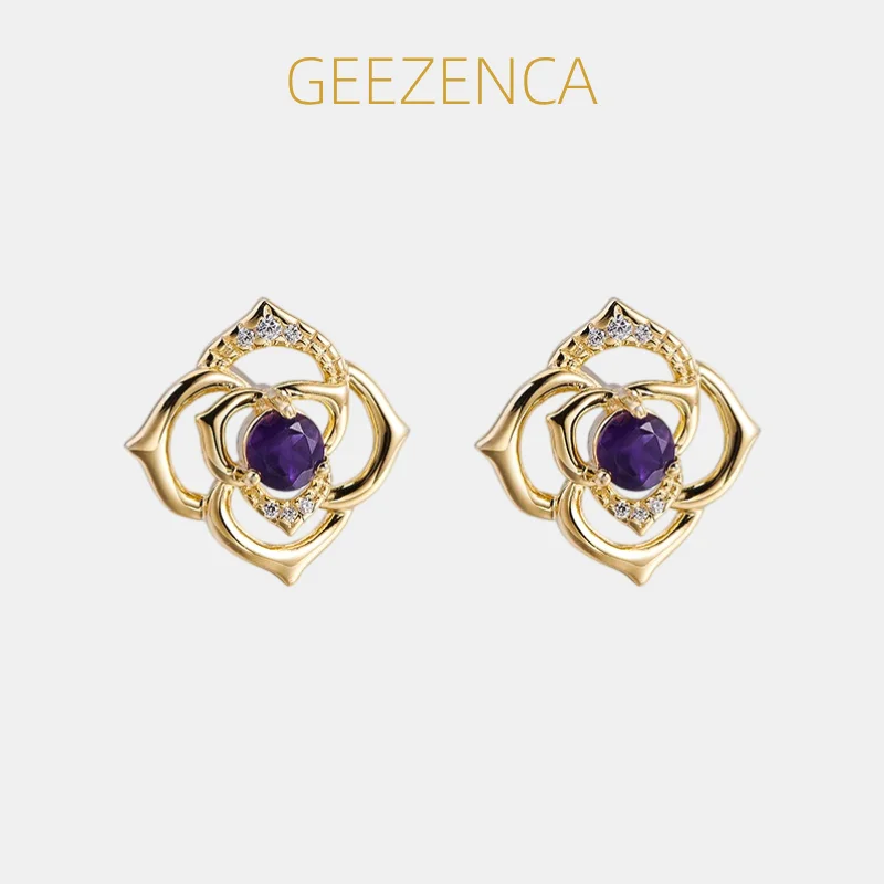 GEEZENCA 925 Silver Gold Plated Amethyst Hollow Flower Statement Earrings Women CZ Trendy Delicate Big Wide Stud Earring Gift