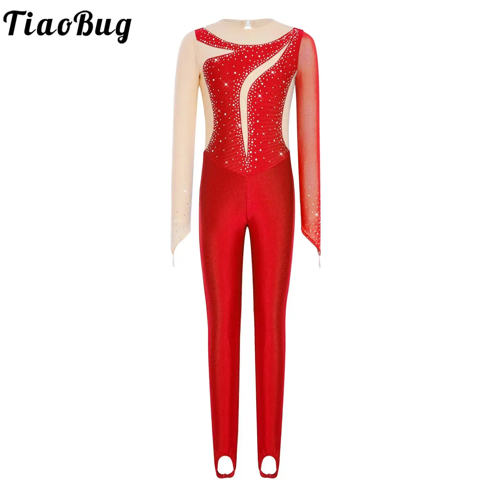

Kid Girls Figure Skating Gymnastics Performance Jumpsuit Dancewear Finger Holes Long Sleeve Rhinestones Sheer Mesh Dance Leotard