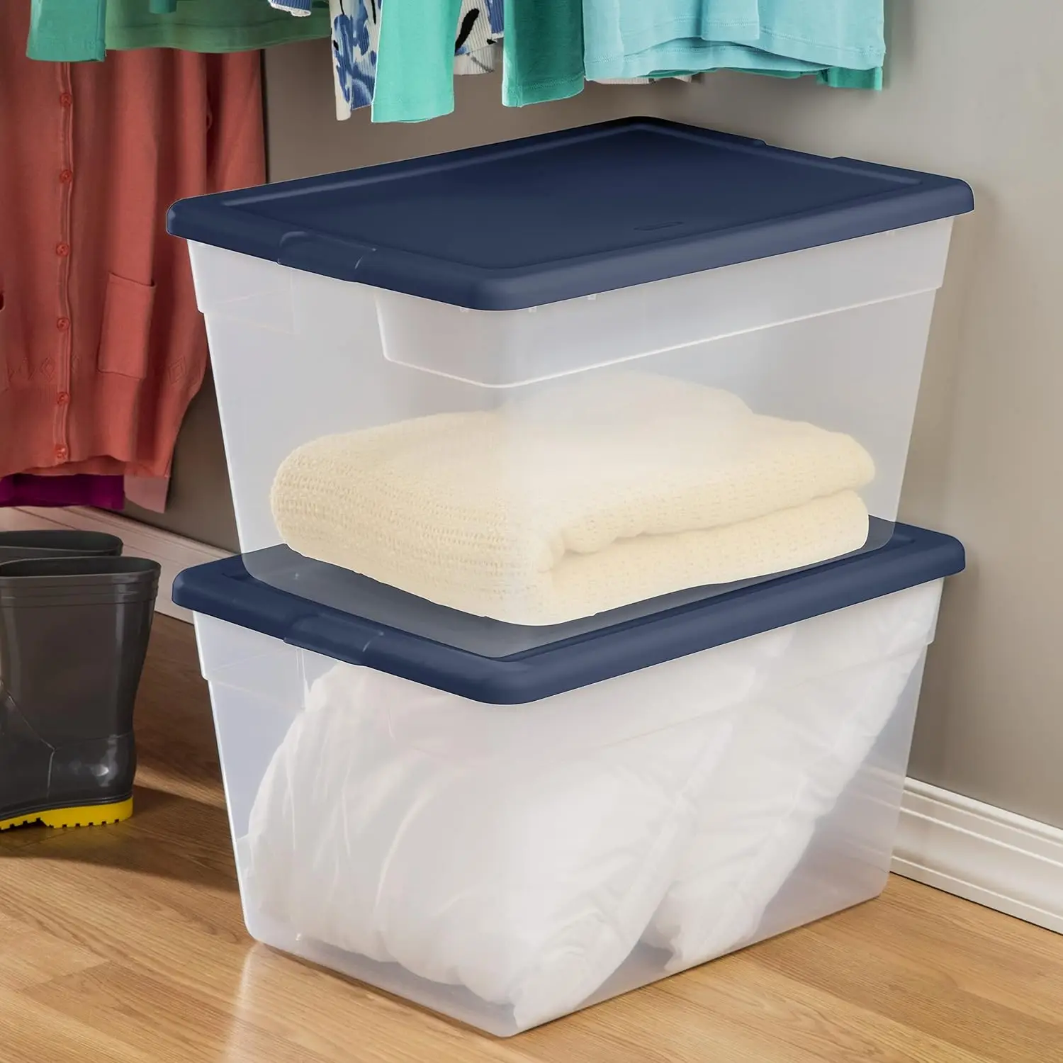 

Sterilite Stackable 56 Quart Clear Home Storage Box with Handles Marine Blue Lid for Efficient Space Saving Storage 24 Pack