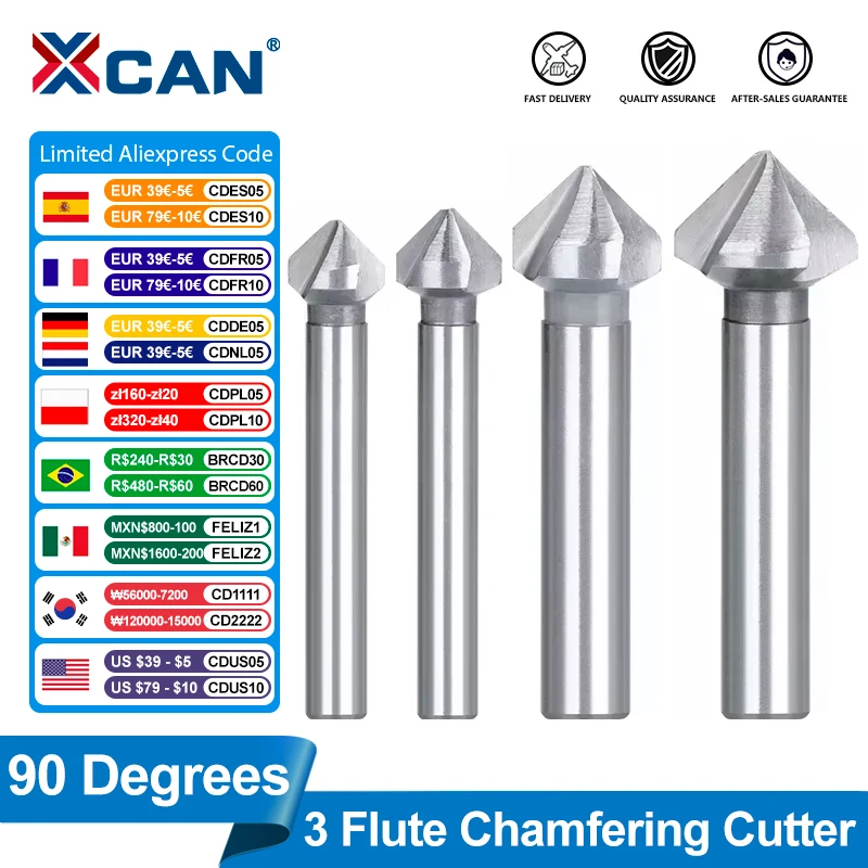 XCAN Countersink Drill Bit 4.5-50mm High Speed Steel 3 Flute 90 Degrees Chamfering Cutter Wood Metal Hole Drilling Tool