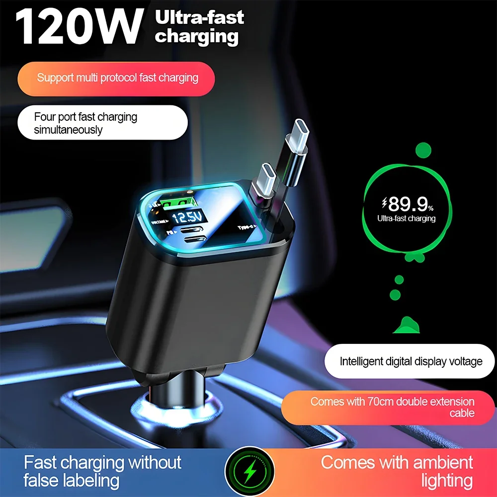 150W Auto-Ladegerät USB Typ C PD Schnellladung mit einziehbarem Kabel für Samsung Huawei Zigarettenanzünder-Adapter Universal