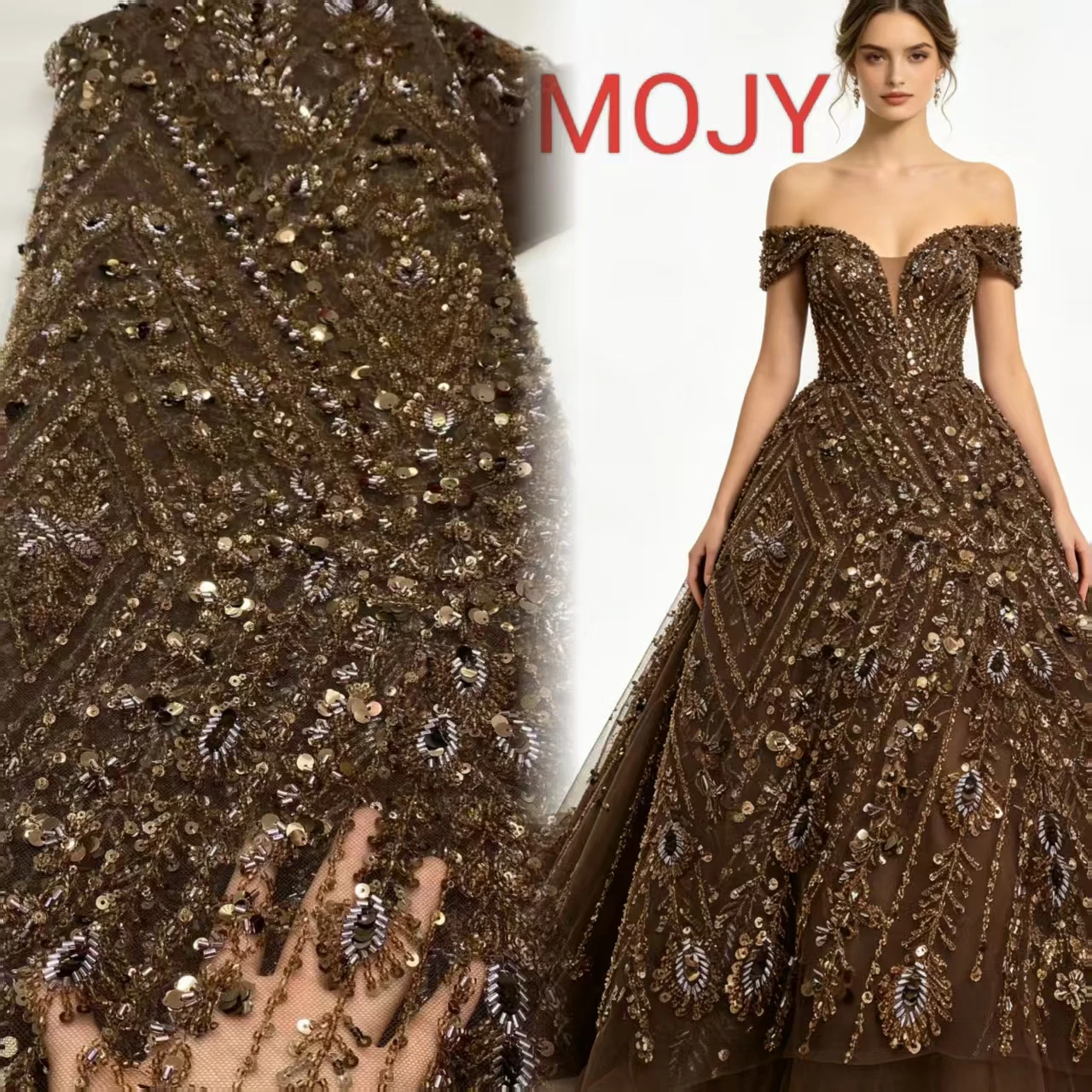High Grade Brown Peacock Sequins Mesh Lace Fabric With Rhinestone Beads African Lace Fabric Women Wedding Evening Party Maxi Dre
