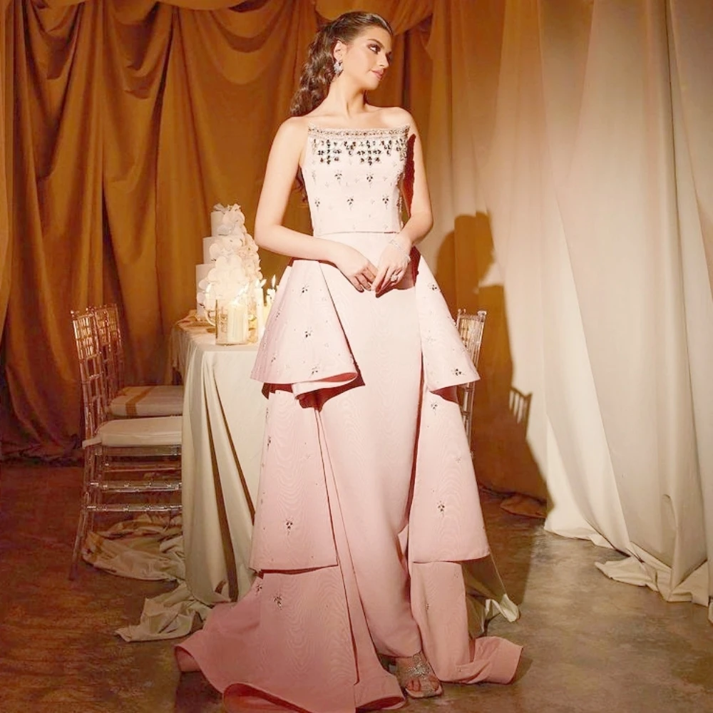 

Evening Satin Beading Pleat Celebrity Gown Strapless Bespoke Occasion Long Dresses Saudi Arabia