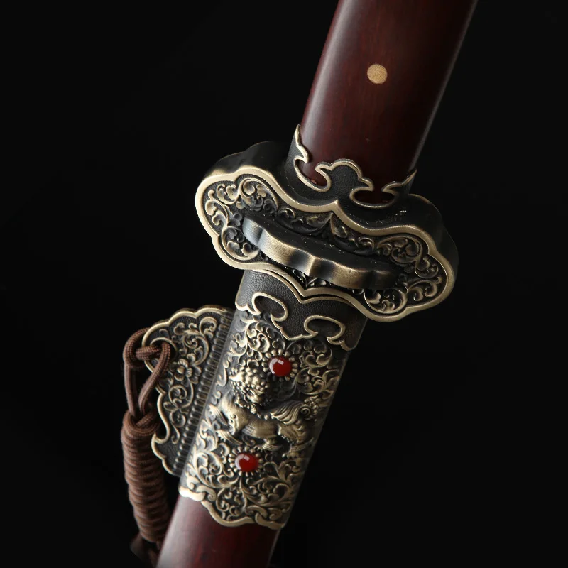 Collectible Tang Jian Folded Steel Blade Engraved Copper Qilin Fittings Red Rosewood Scabbard Decorative Chinese Straight Sword