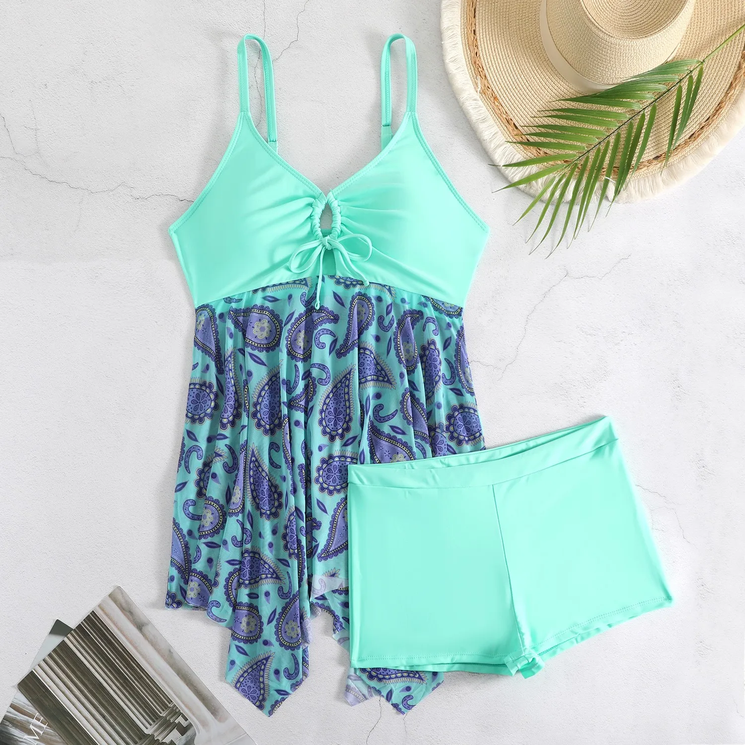 Women Tankini Sleeveless V Neck Tankini Top Plus Size High Waist Shorts Two Piece Swimsuit Floral Print Swim Tankini Swimwear view 5