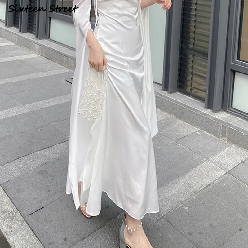 White Satin Dress Women  Summer Long Sleeve Slash Neck Elegant Women's Clothing Party Vacation Runway Design Vestidos
