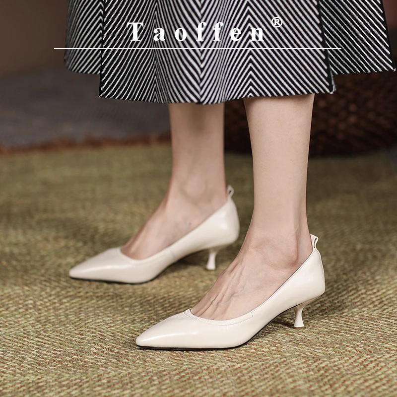 Taoffen Spring/Autumn Women Pumps Real Leather Pointed toe High Heel Fashion Slip On Thin Heels Solid Fashion Office Lady Shoes