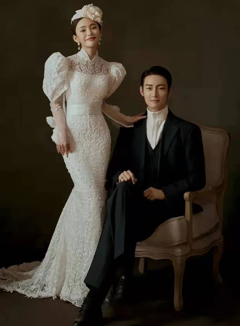 2022 Elegant Court ชุดแต่งงานญี่ปุ่น Vintage พัฟแขนยาวชุดเจ้าสาวคอ Mermaid ウエディングドレスกับ Sashes