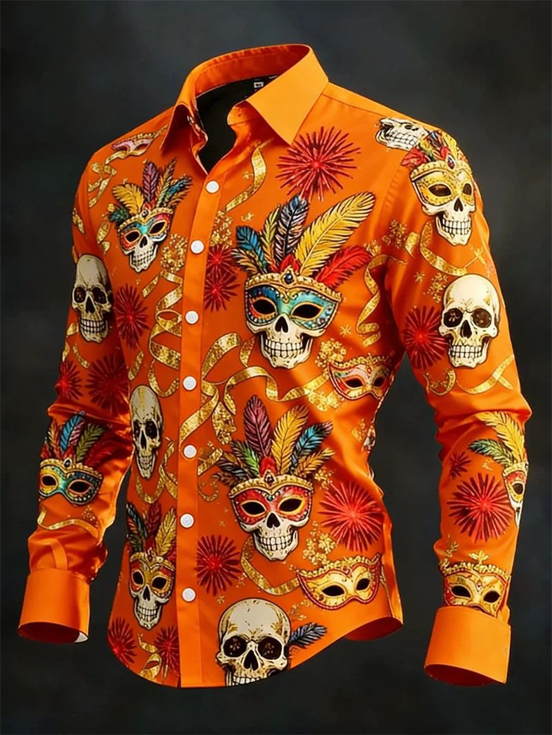 

Новая мужская рубашка с 3D-принтом в виде черепов и перьев, высококачественная повседневная рубашка с длинным рукавом и воротником