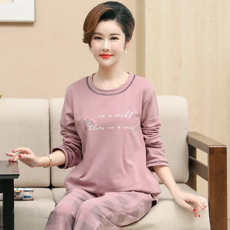 Middle Aged Mother Cotton Pajamas For Women Autumn Long Sleeve Top Trousers Sets Plus Size Homewear Warm Sleepwear For Winter