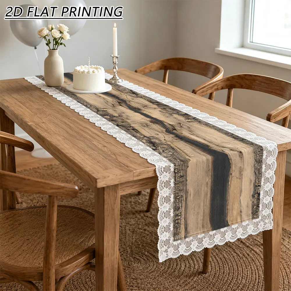 1pc Wood Grain Pattern Tulle Lace Table Runner For Rustic Wedding Farmhouse Kitchen Gathering
