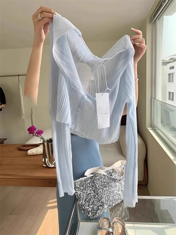 

Faionable Ice Silk Knitted Summer Lightweight Open Cardigan Women's Sun Protection Wrap Dr Outer Covering Polyester Fiber