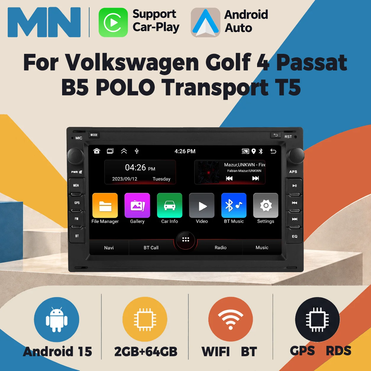 Wireless CarPlay Android Auto Multimedia Display Screen For Volkswagen Golf 4 Passat B5 POLO Transport T5 Android 15 Car Radio