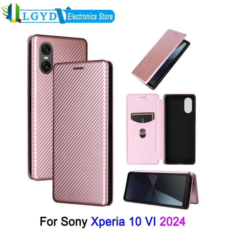 PU Leather Flip Case For Sony Xperia 10 VI 2024 Carbon Fiber Texture Phone Protective Cover with Functional Card Slot