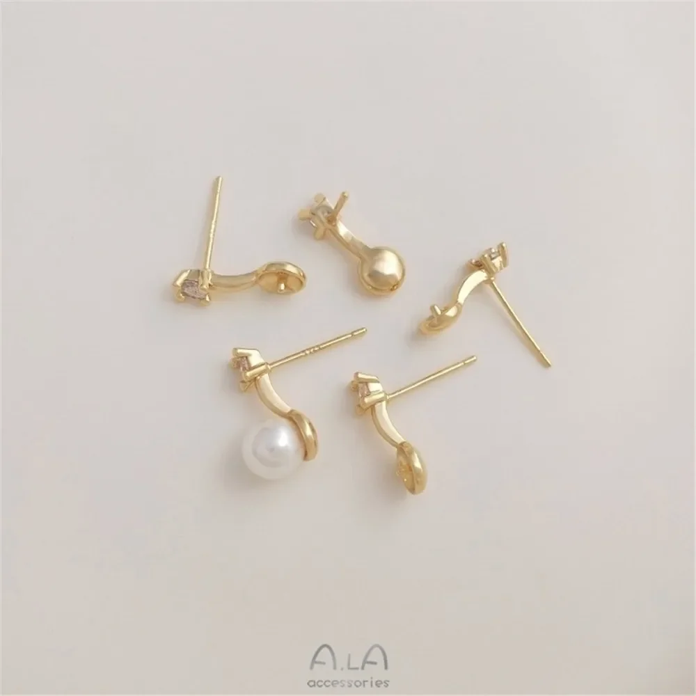 14K Gold Color Single Zirconia Bead Holder Stud Earrings S925 Silver Pin Sticky Crystal Pearl Earrings DIY Ear Accessories E245