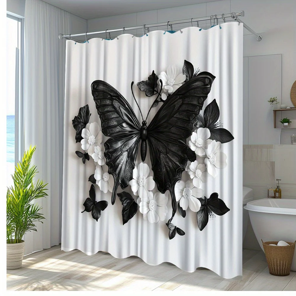 

1pc Butterfly Shower Curtain Black and White Floral Pattern Polyester Fabric Bathroom Decor for Tub Partition with 12 Hooks