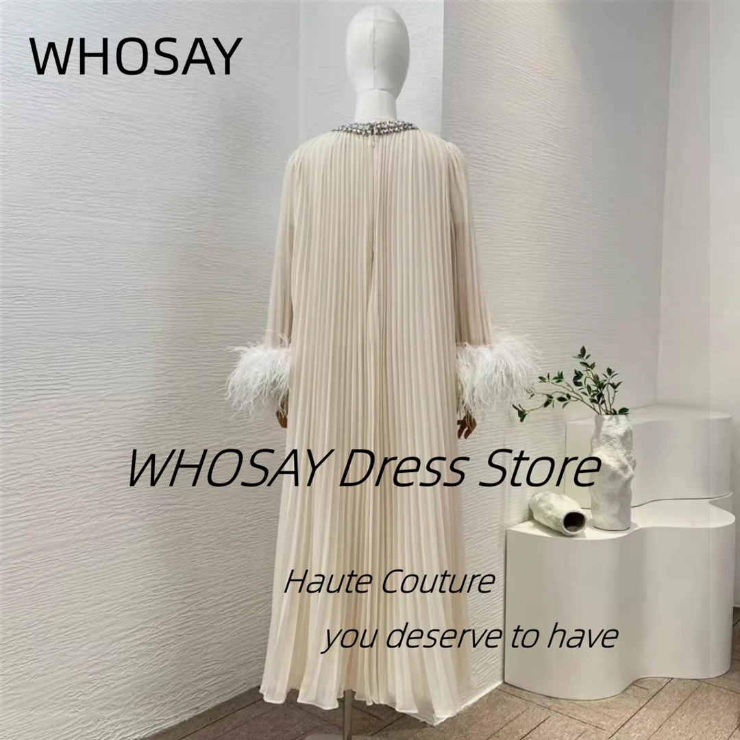 WHOSAY Real Images Prom Dresses with Feathers Long Seeves Evening Gowns Crystals Neckline Pleats Ankle Length Formal Party Dress