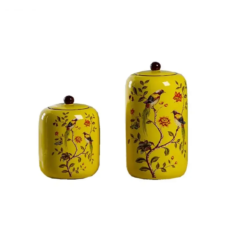 Pot de Rangement à Motif de Fleurs et d'Oiseaux, Vases en Céramique Jaune