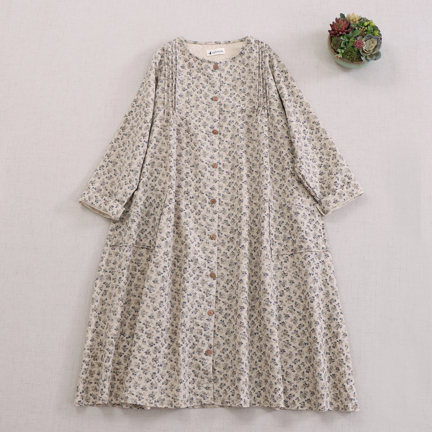 Vestido japonés dulce Mori Girl Vintage de algodón con estampado Floral para mujer, vestidos Midi holgados informales de manga larga con una hilera de botones para otoño