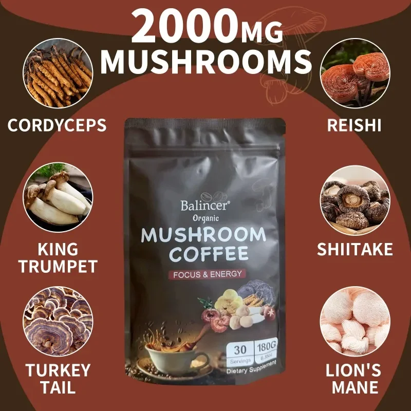 Organic Mushroom Coffee - LION\'S MANE, Shiitake, Cordyceps, Supports Immune, Focus, Concentration, Stress, Digestion & Energy