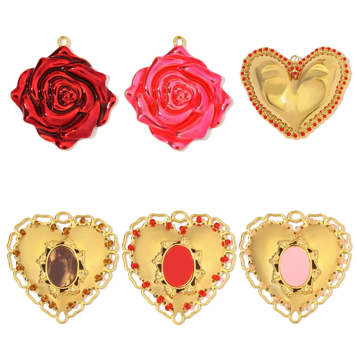 3 Stück/Set Große Vintage-Herz-Anhänger aus Edelstahl und Harz, DIY-Charms, Emaille-Rosenblüten-Halsketten-Anhänger, Damen-Liebesschmuck, Großhandel