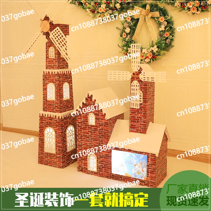 Large Christmas Decoration Decoration Wooden Christmas Snow House Windmill Castle with Lights Outdoor Beautiful Decoration