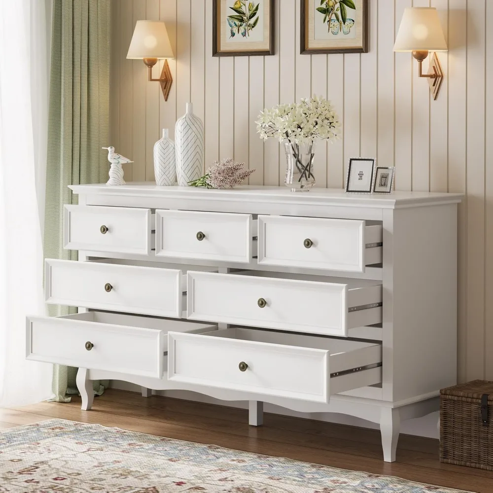 Комод RoyalCraft White с 7 ящиками для спальни, современный комод с ножками из массива дерева и окрашенной отделкой, деревянное хранилище C
