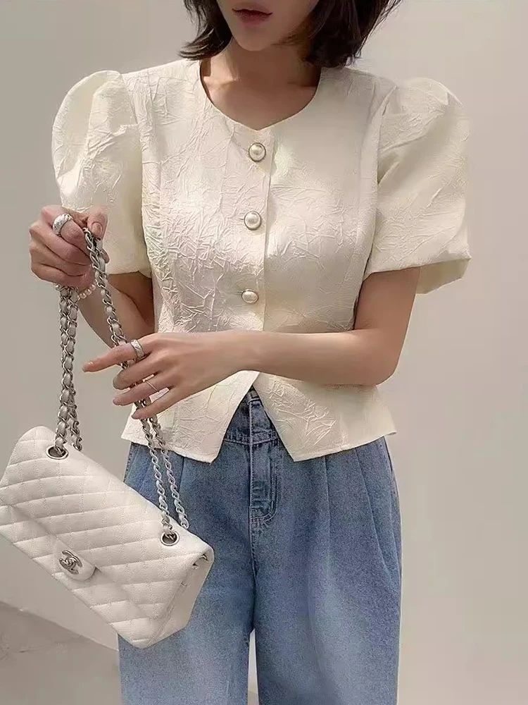 

Ele Textured Bubble Sve Outerwear Women's Summer New Sle Waist-Cinching Versatile Top Korean Sle Loose Fit irt