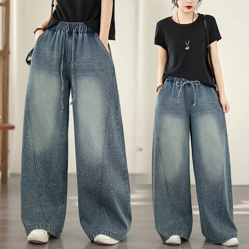 Retro Blue Rhinestone Washed Denim Jeans Women Spring Autumn Lace Up Elastic Waist Casual Pants Versatile Loose Wide Leg Pants