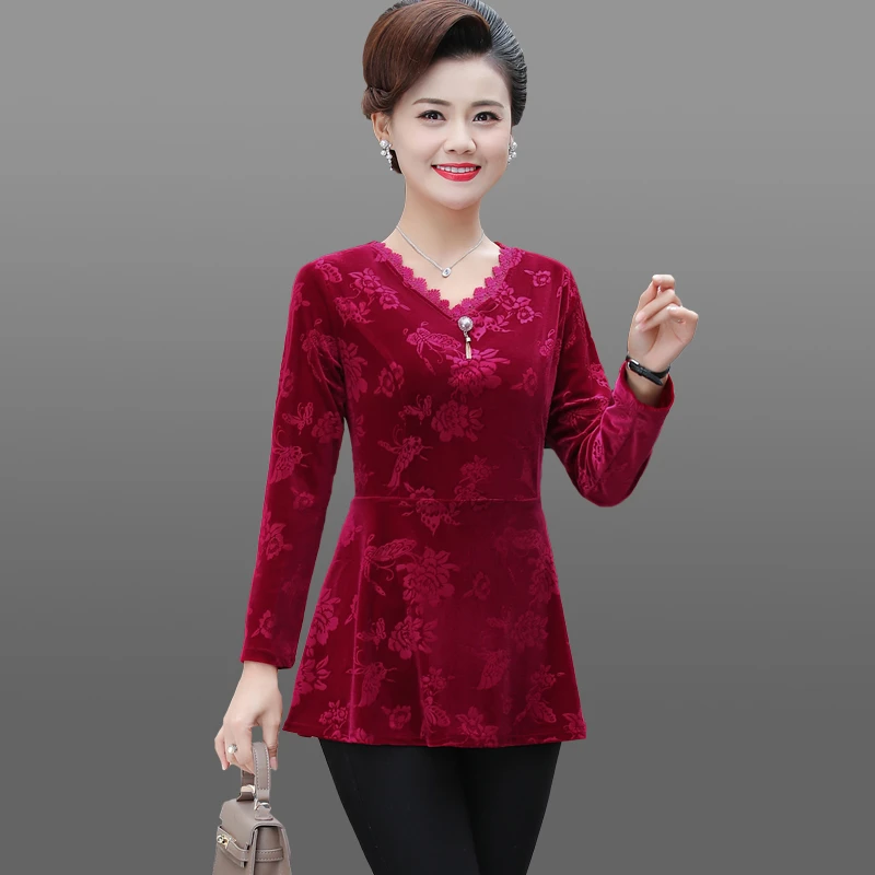 New Autumn Women Lace V neck T Shirt Velvet T-Shirts Female Long Sleeve Tee Shirts Femme jacquard weave Tops Pullover