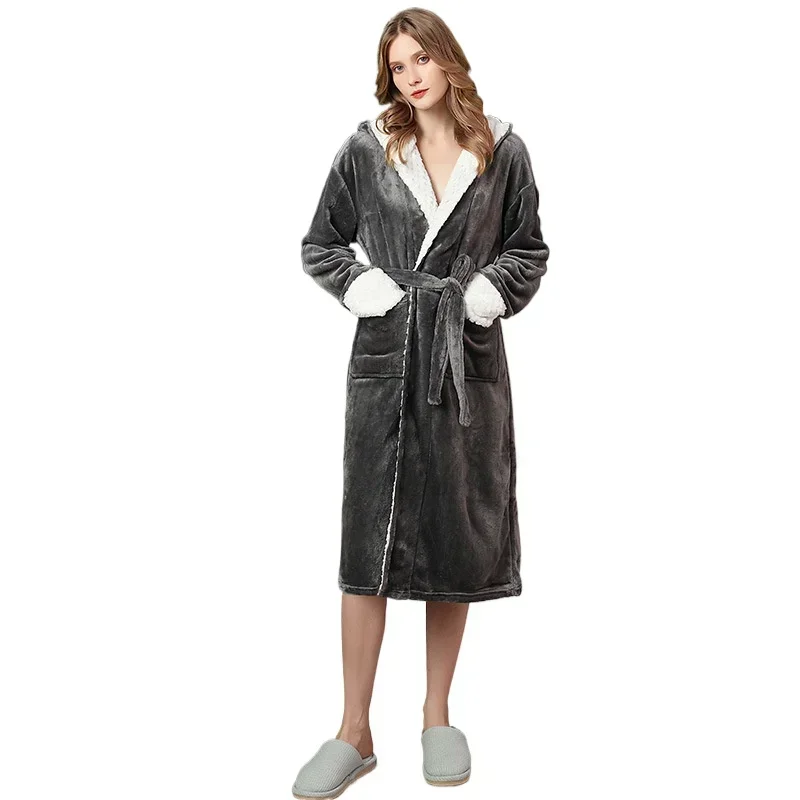 Roupão de flanela com capuz grosso casual de outono médio a longo feminino europeu e americano, pijama de lã coral grosso elegante