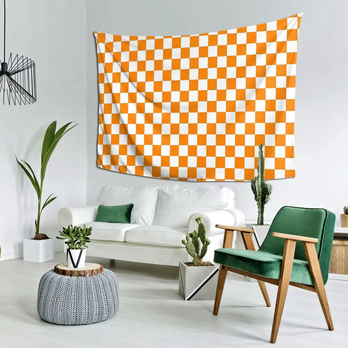 Orange White Checkered Pattern Tapestry Art Wall Hanging Aesthetic Home Decoration Tapestries for Living Room Bedroom Dorm Room