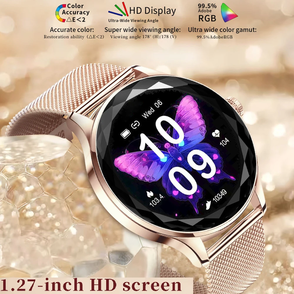 

1.27-дюймовые женские модные смарт-часы с Bluetooth-вызовами, монитором сердечного ритма, отслеживанием здоровья, спортивные смарт-часы для женщин, с функцией прослушивания музыки, водонепроницаемые, подарок