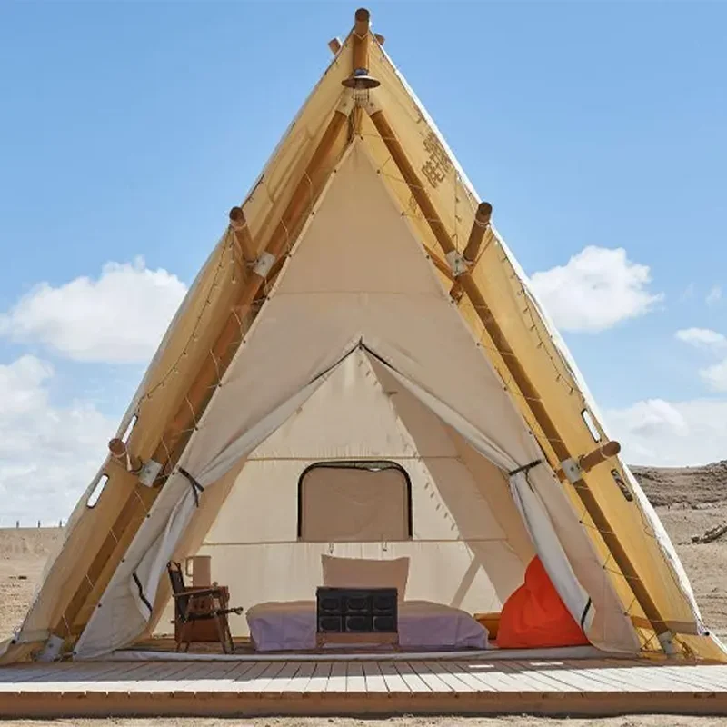 Triangle Outdoor Camping A-Shape Luxury Canvas Safari Tents A-Type Hotel Resort Glamping Wooden Triangle Small Prefab House OME