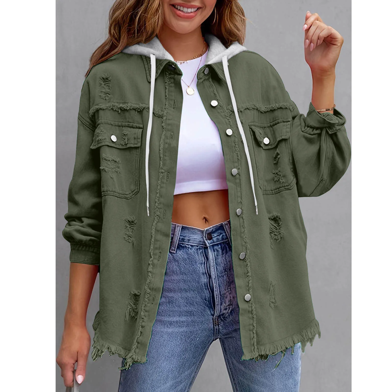 Women Autumn Spring Denim Jackets Single Breasted Hooded Jeans Ripped Hole Outerwear Coats