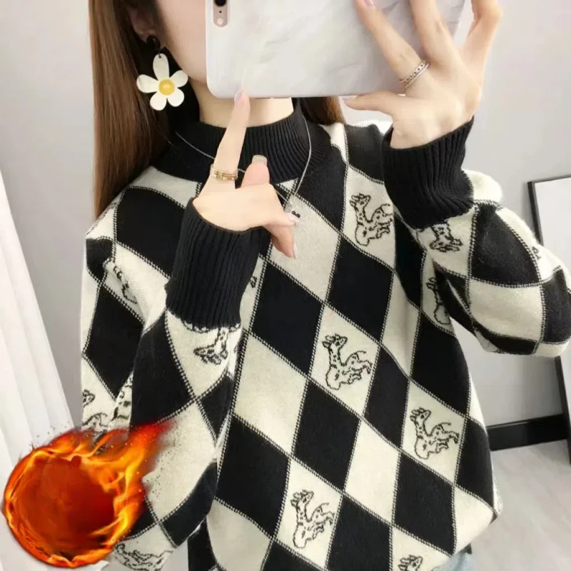 Chic Checkered Contrast Color Autumn Winter Screw Thread Pullover Long Sleeve Women's Sweater Knitted Korean Flattering Tops