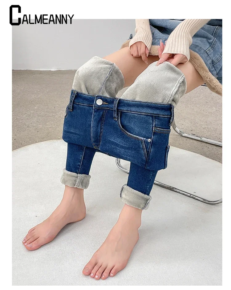 

Women fashion Fleece Jeans Winter Snow Warm Plush Stretch Jean Lady Skinny Thicken Fleece Pants Female Retro Trousers