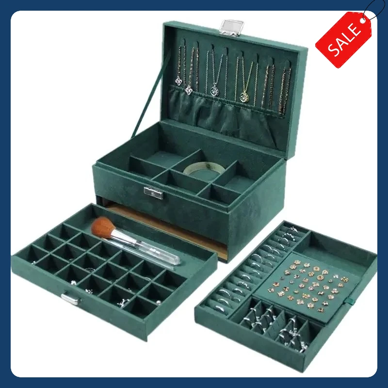 

New large-capacity velvet jewelry box with three-drawer design, suitable for storing earrings, necklaces, and organizing jewelry