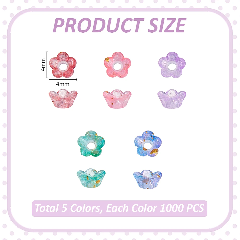 5000Pcs Acrylic Flower Bead Caps 5 Colors 4mm Lily Bell Flower Spacer Beads with Glitter Floral Bulk Loose Beads