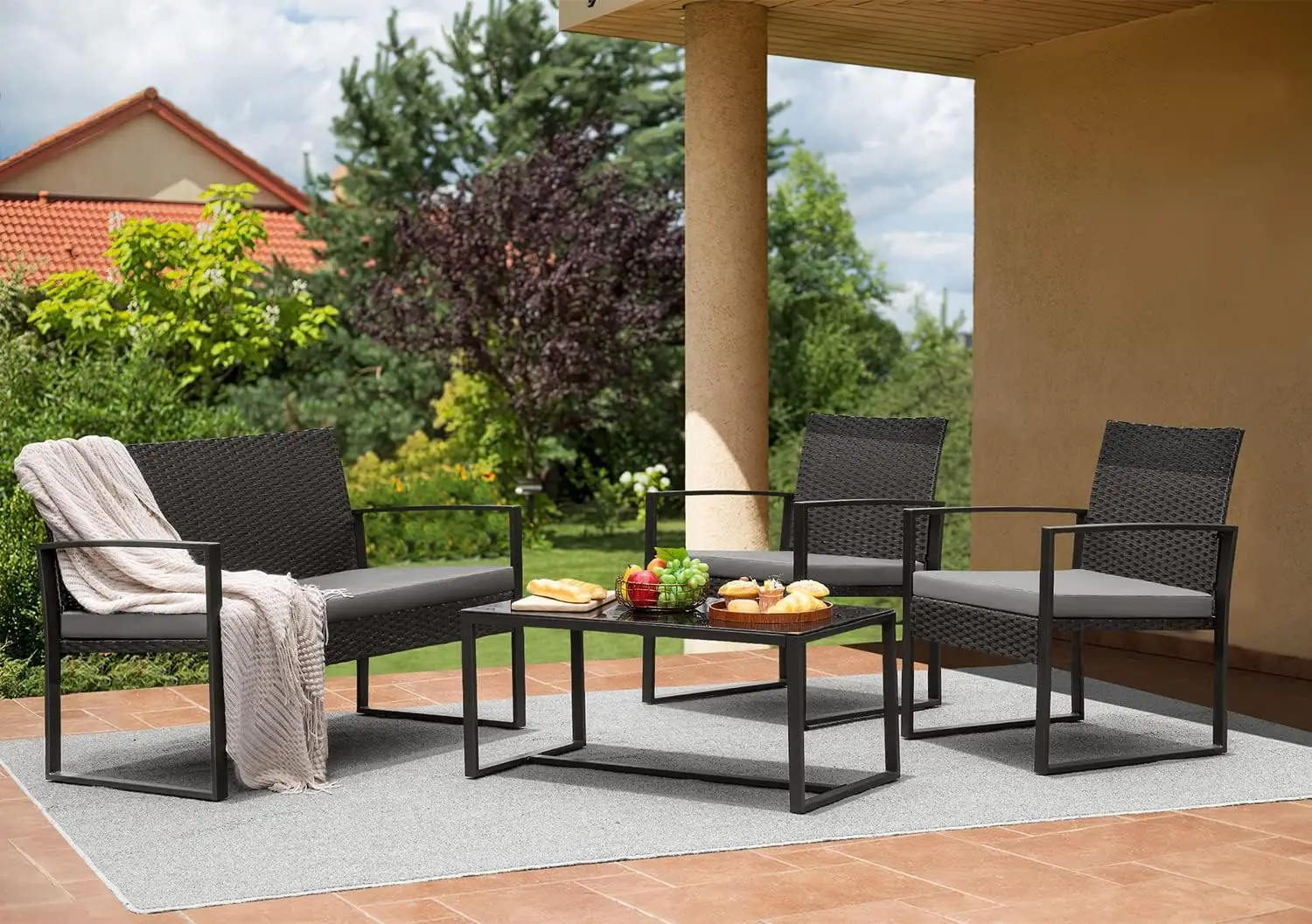 Ensemble de canapé de conversation en rotin avec coussins, meubles de porche d'extérieur, chaises de causeuse en métal, table, 4 pièces