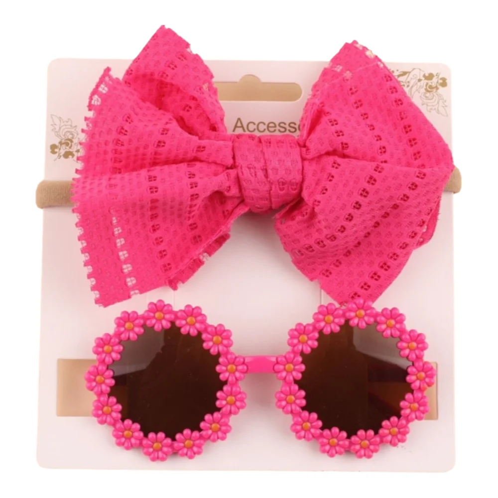 

2pcs/set Soft Elastic Children Bowknot Headband Cotton Wide Baby Bows Turban Solid Color Kids Sunglasses Set Hair Accessories