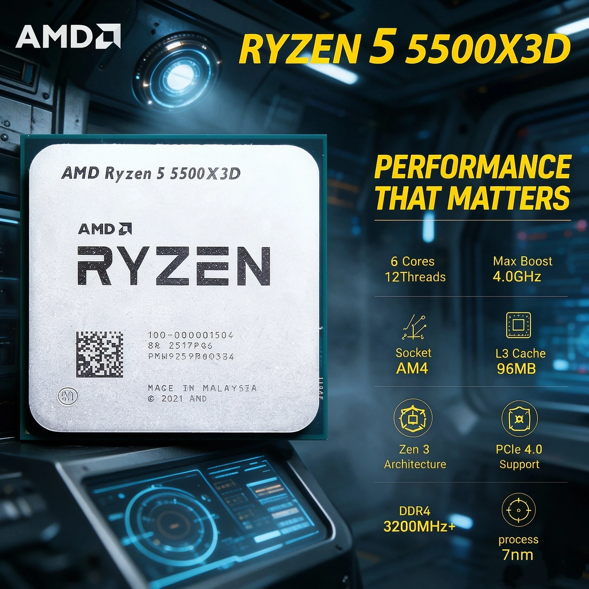 15. AMD Ryzen 5 5500X3D CPU 7nm Zen 3 6 Core 12 Thread 96MB L3 3D V-Cache 105W Socket AM4 Gaming Desktop Processor DDR4